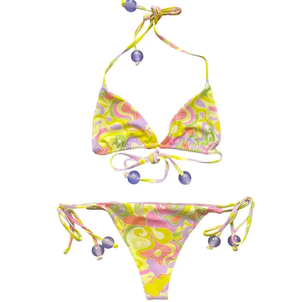 Beach Riot Soleil Side Tie Beaded Acrylic Ends Bikini Top and Bottom Set, S